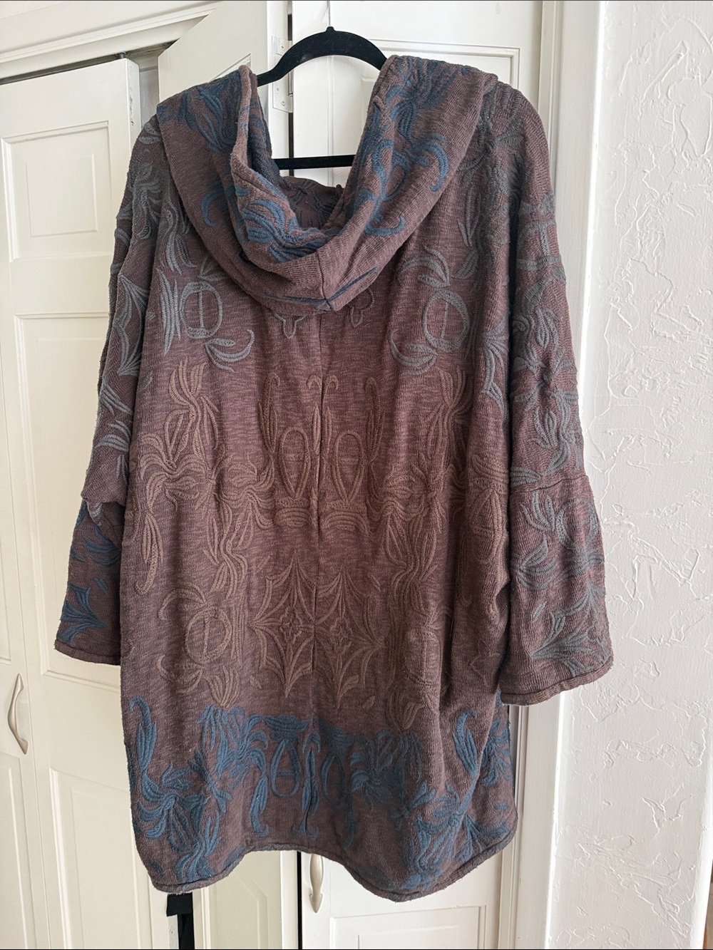 Relaxed Hooded Knit Poncho in Brown with Blue Accents
